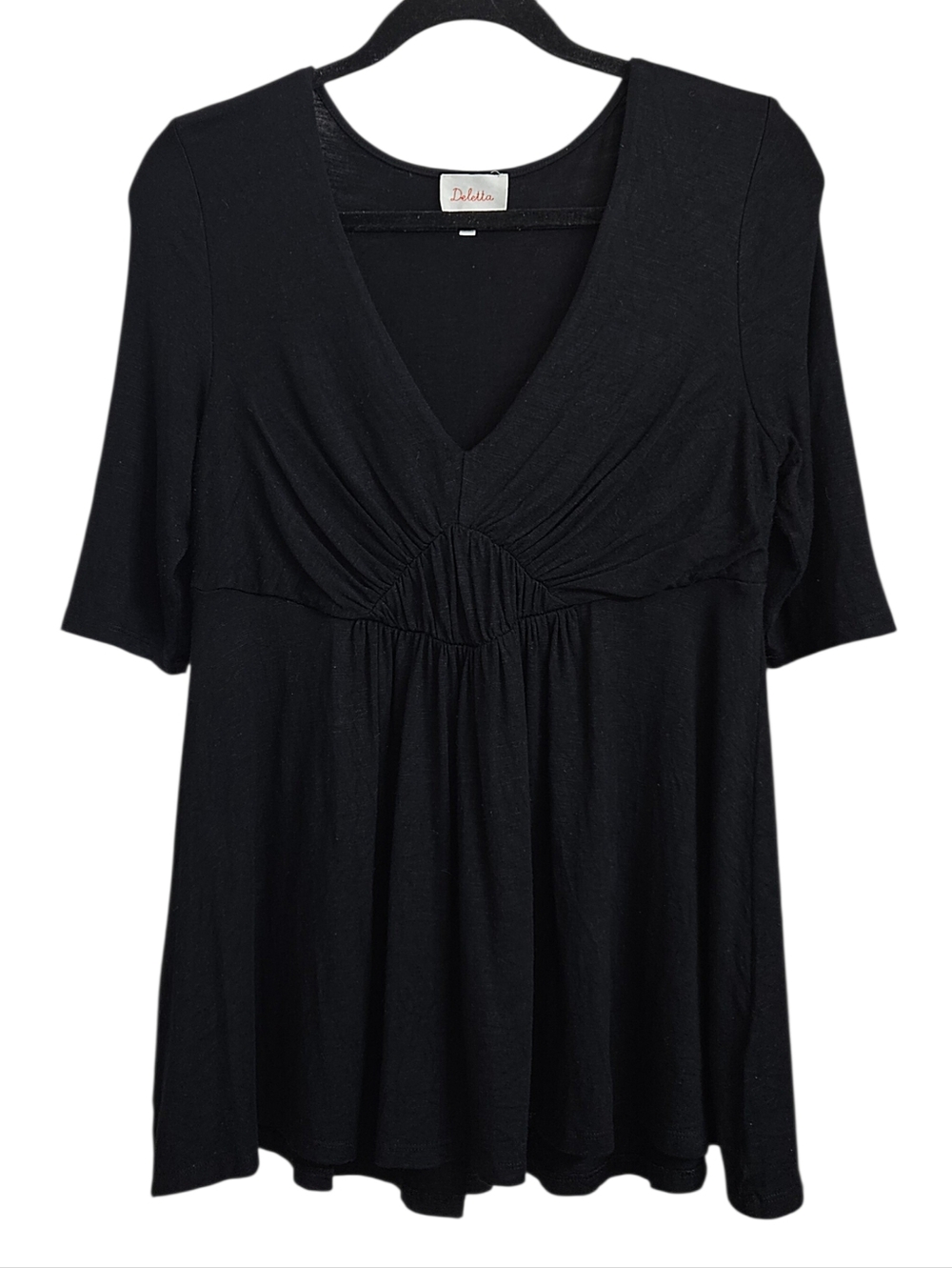 Deletta Anthropologie Black Rayon V Neck Pleated Empire Waist Flowy Top Size Med